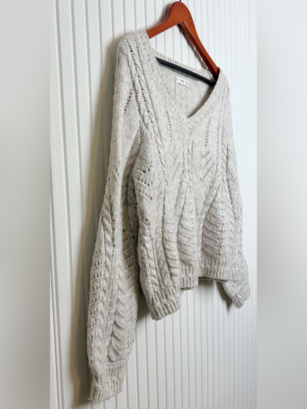 MNG Cable Knit Eyelet Sweater M Light Cozy Coastal Cold Weather Everyday Neutral